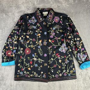 Quacker Factory Jacket Womens Small‎ Black Embroidered Beaded Butterfly Floral